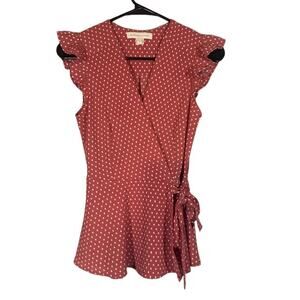Monteau Red & White Polka Dot Flutter Sleeve Faux Wrap Peplum Blouse Women Sz S
